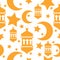 Seamless pattern design with flat lantern, star, crescent objects.